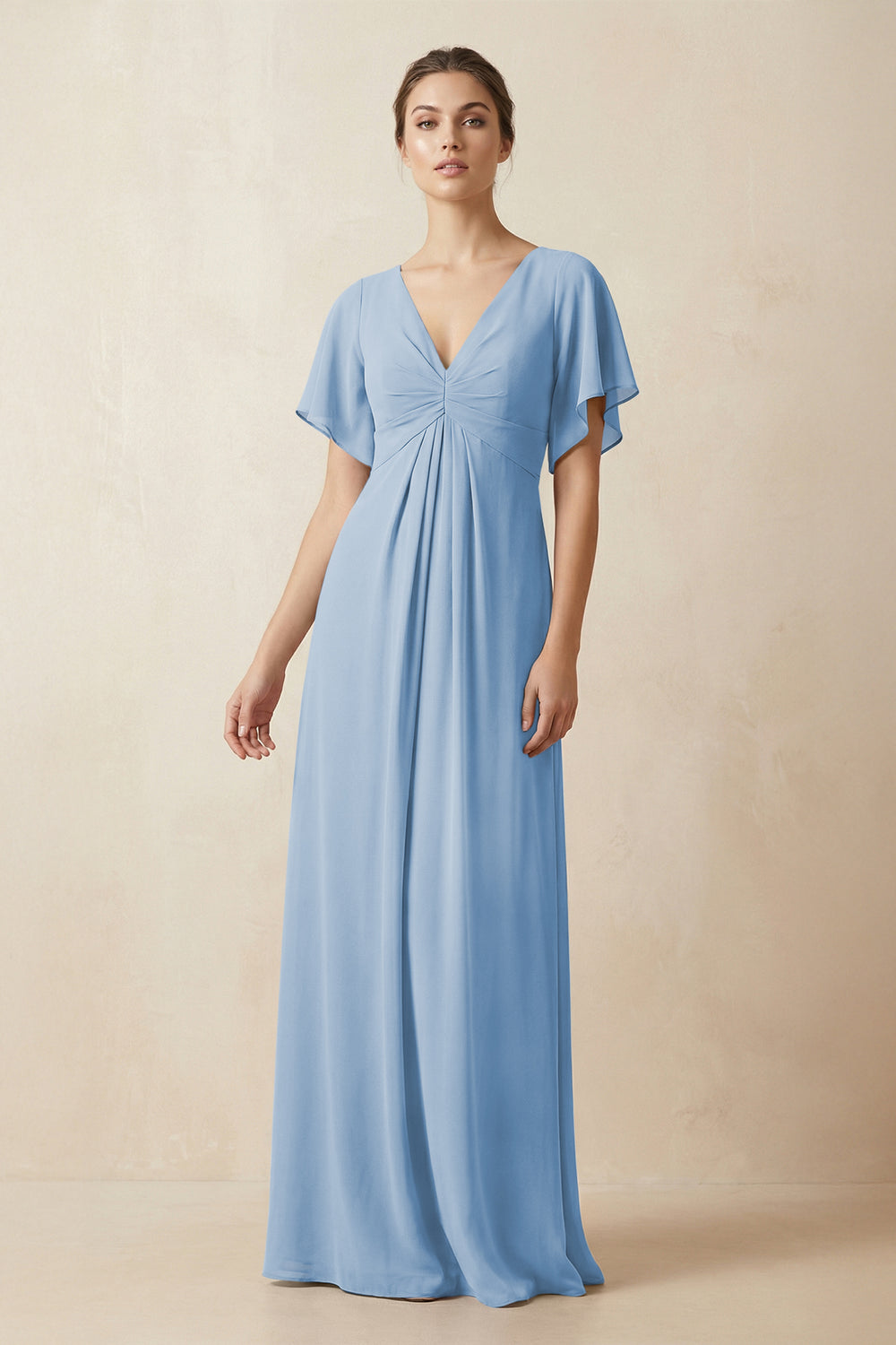 Short Sleeve V-Neck Chiffon A-Line Bridesmaid Dress in Steel Blue