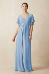Short Sleeve V-Neck Chiffon A-Line Bridesmaid Dress in Steel Blue | KISSBRIDAL