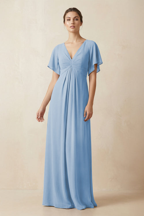 Short Sleeve V-Neck Chiffon A-Line Bridesmaid Dress in Steel Blue | KISSBRIDAL