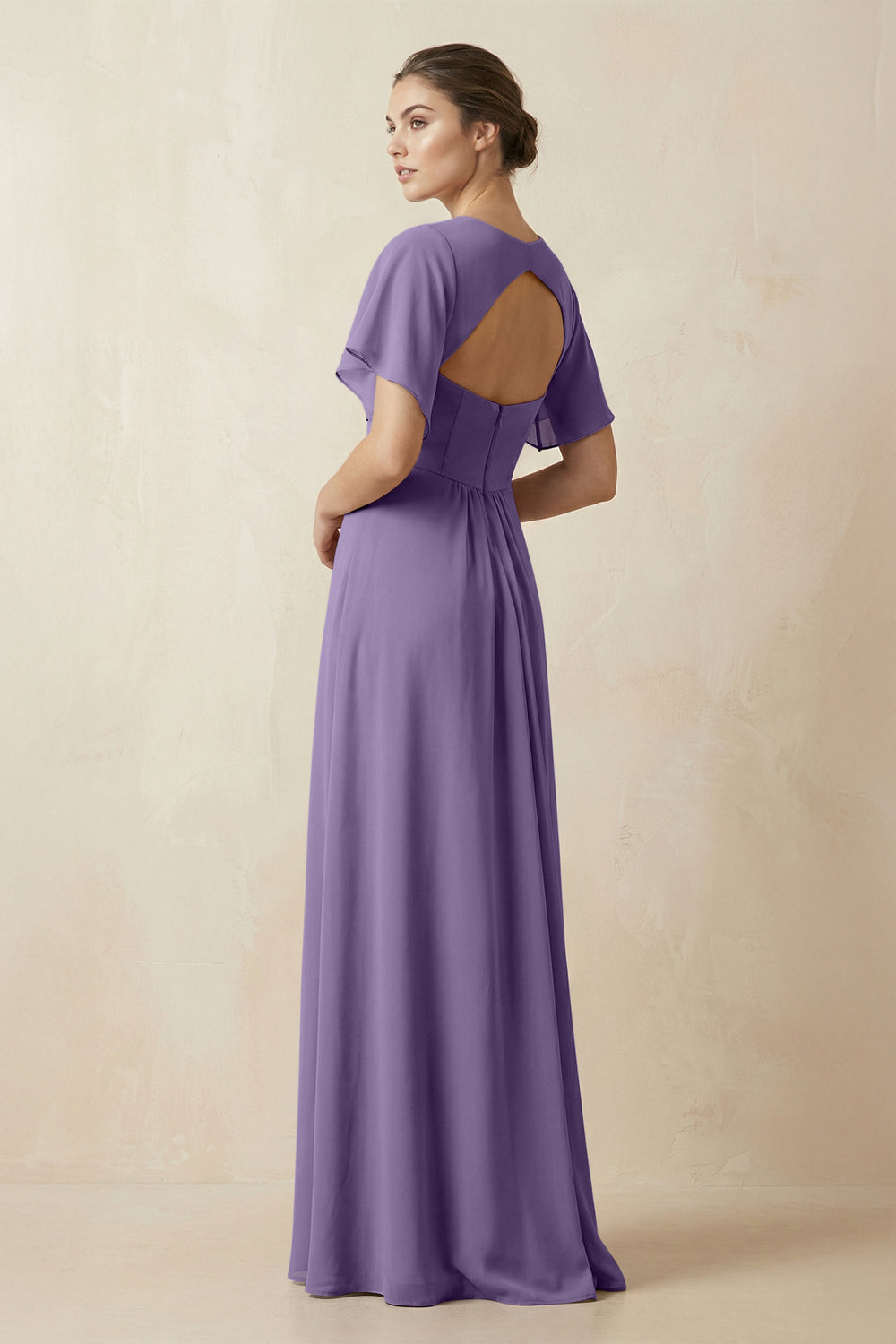 Short Sleeve V-Neck Chiffon A-Line Bridesmaid Dress in Tahiti