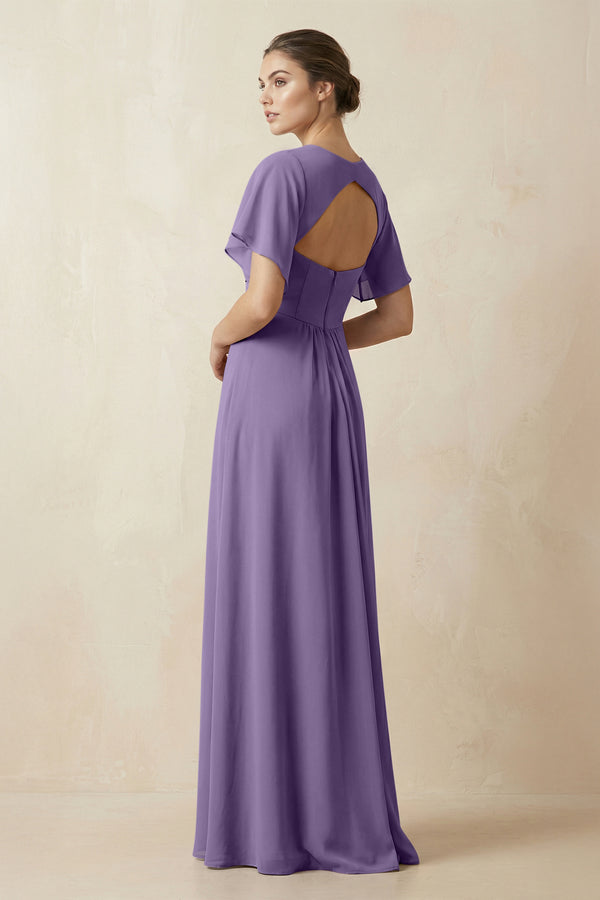 Short Sleeve V-Neck Chiffon A-Line Bridesmaid Dress in Tahiti (2) | KISSBRIDAL