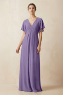 Short Sleeve V-Neck Chiffon A-Line Bridesmaid Dress in Tahiti | KISSBRIDAL