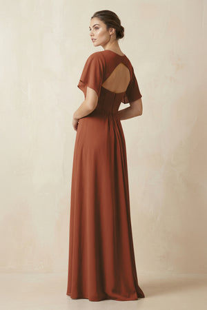 Short Sleeve V-Neck Chiffon A-Line Bridesmaid Dress in Terracotta (2) | KISSBRIDAL
