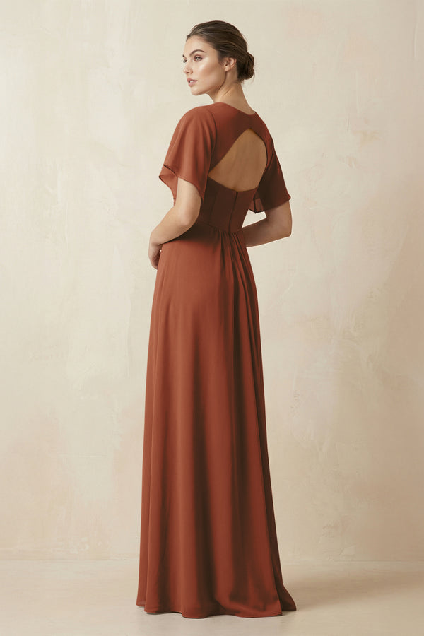 Short Sleeve V-Neck Chiffon A-Line Bridesmaid Dress in Terracotta (2) | KISSBRIDAL
