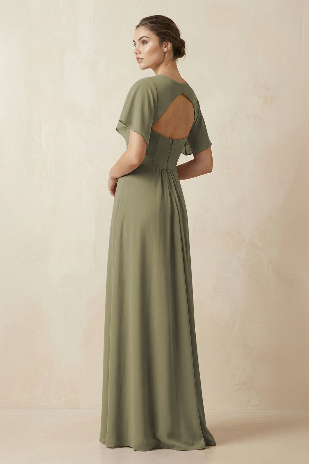 Short Sleeve V-Neck Chiffon A-Line Bridesmaid Dress in Thyme