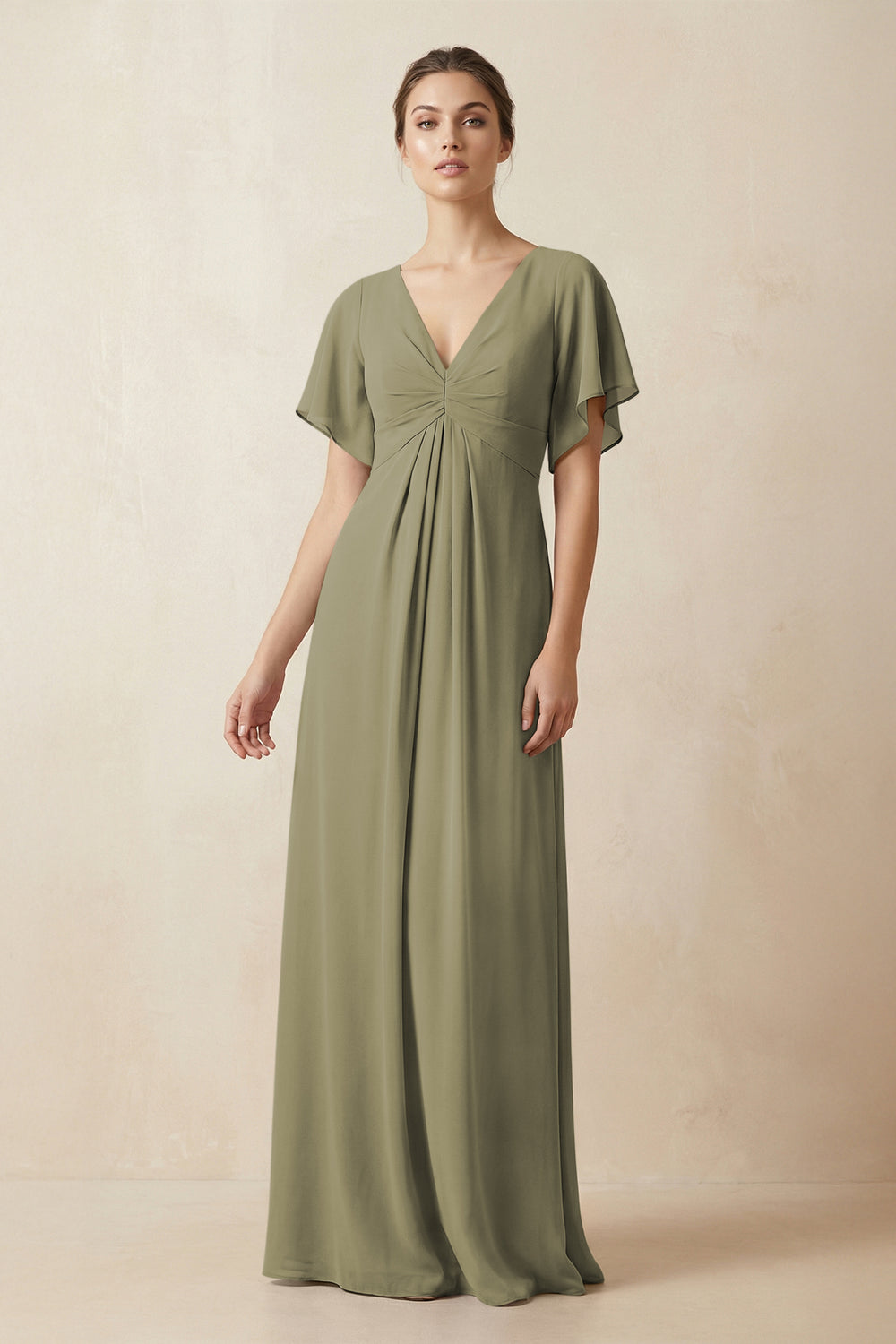 Short Sleeve V-Neck Chiffon A-Line Bridesmaid Dress in Thyme