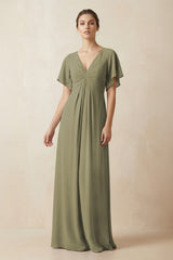 Short Sleeve V-Neck Chiffon A-Line Bridesmaid Dress in Thyme | KISSBRIDAL