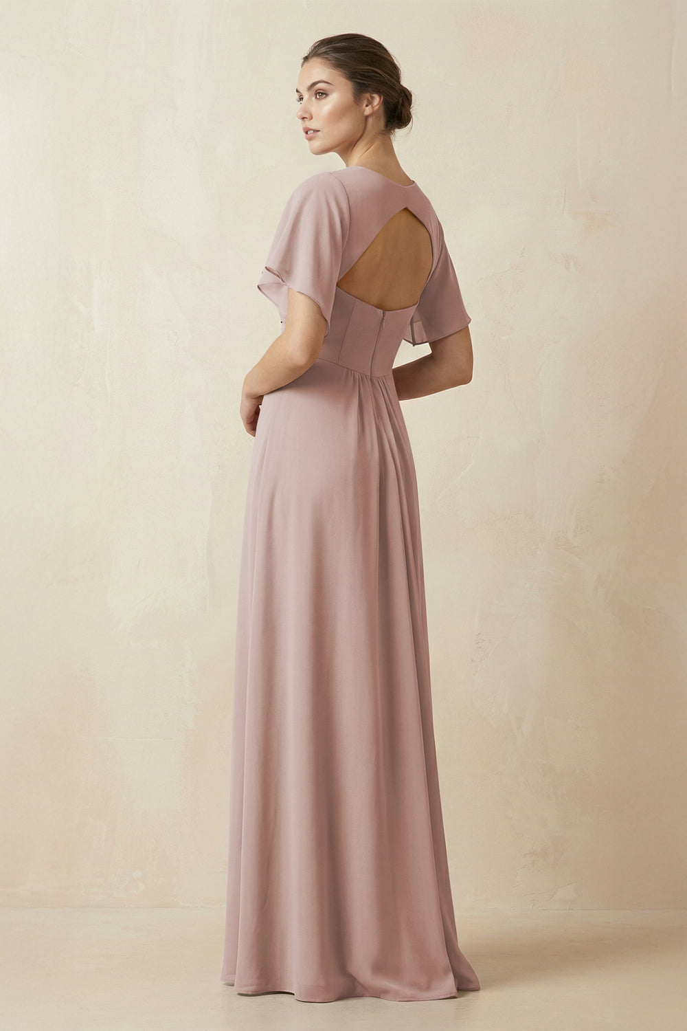 Short Sleeve V-Neck Chiffon A-Line Bridesmaid Dress in Toffee