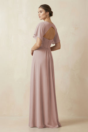 Short Sleeve V-Neck Chiffon A-Line Bridesmaid Dress in Toffee (2) | KISSBRIDAL