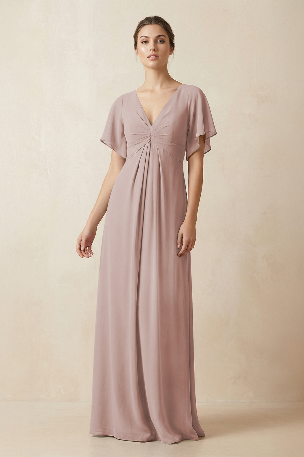 Short Sleeve V-Neck Chiffon A-Line Bridesmaid Dress in Toffee