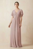 Short Sleeve V-Neck Chiffon A-Line Bridesmaid Dress in Toffee | KISSBRIDAL