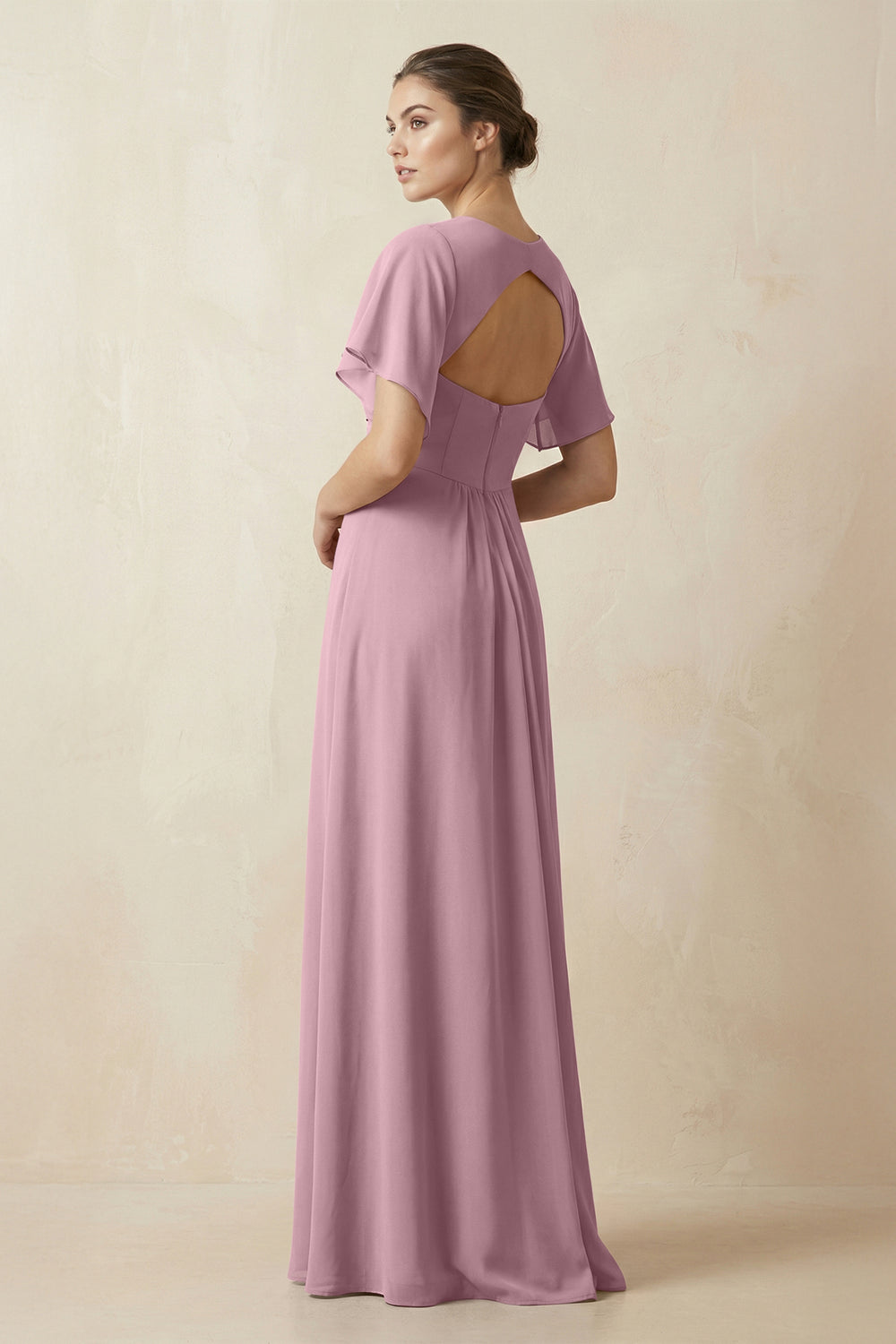 Short Sleeve V-Neck Chiffon A-Line Bridesmaid Dress in Vintage Mauve