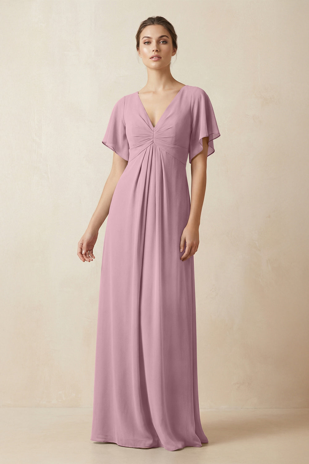 Short Sleeve V-Neck Chiffon A-Line Bridesmaid Dress in Vintage Mauve