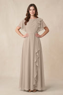 Short Sleeves Bateau A - Line Chiffon Bridesmaid Dress in Almond - SHE IS ME Bridesmaid Dresses
