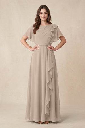 Short Sleeves Bateau A - Line Chiffon Bridesmaid Dress in Almond - SHE IS ME Bridesmaid Dresses