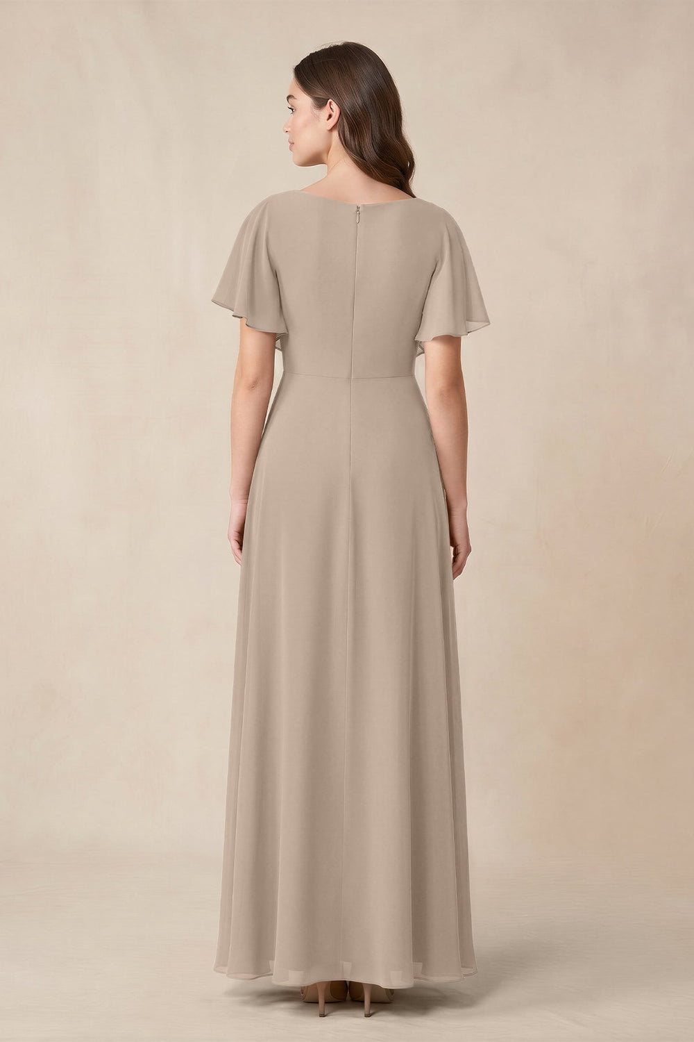 Short Sleeves Bateau A - Line Chiffon Bridesmaid Dress in Almond - KISS BRIDAL Bridesmaid Dresses