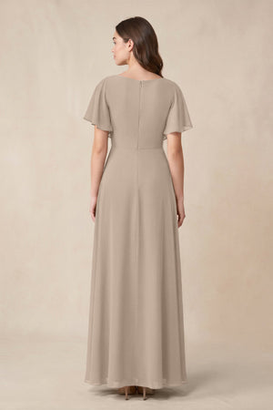 Short Sleeves Bateau A - Line Chiffon Bridesmaid Dress in Almond - SHE IS ME Bridesmaid Dresses