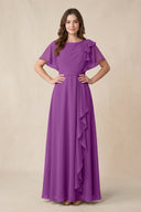 Short Sleeves Bateau A - Line Chiffon Bridesmaid Dress in Amethyst - SHE IS ME Bridesmaid Dresses
