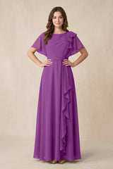 Short Sleeves Bateau A - Line Chiffon Bridesmaid Dress in Amethyst - KISS BRIDAL Bridesmaid Dresses
