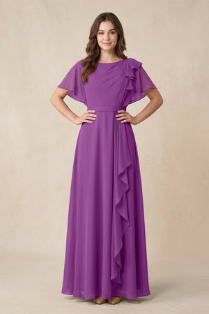 Short Sleeves Bateau A - Line Chiffon Bridesmaid Dress in Amethyst - SHE IS ME Bridesmaid Dresses