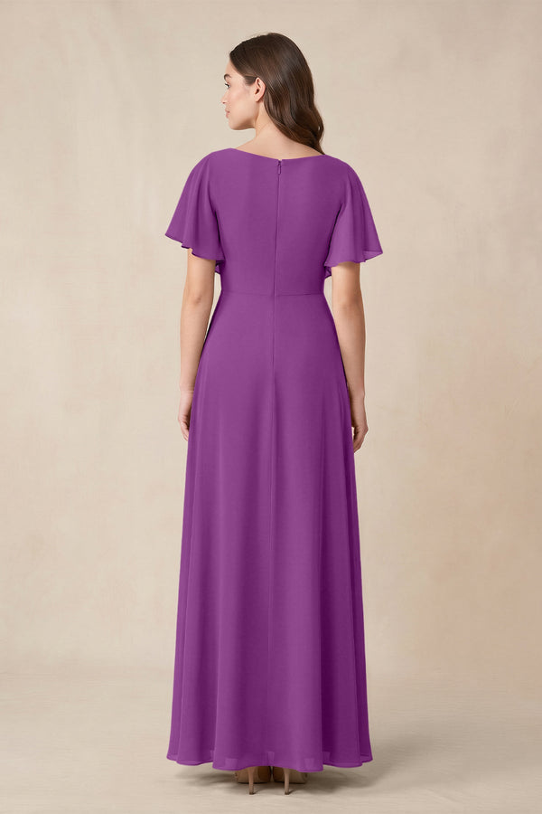 Short Sleeves Bateau A - Line Chiffon Bridesmaid Dress in Amethyst - SHE IS ME Bridesmaid Dresses