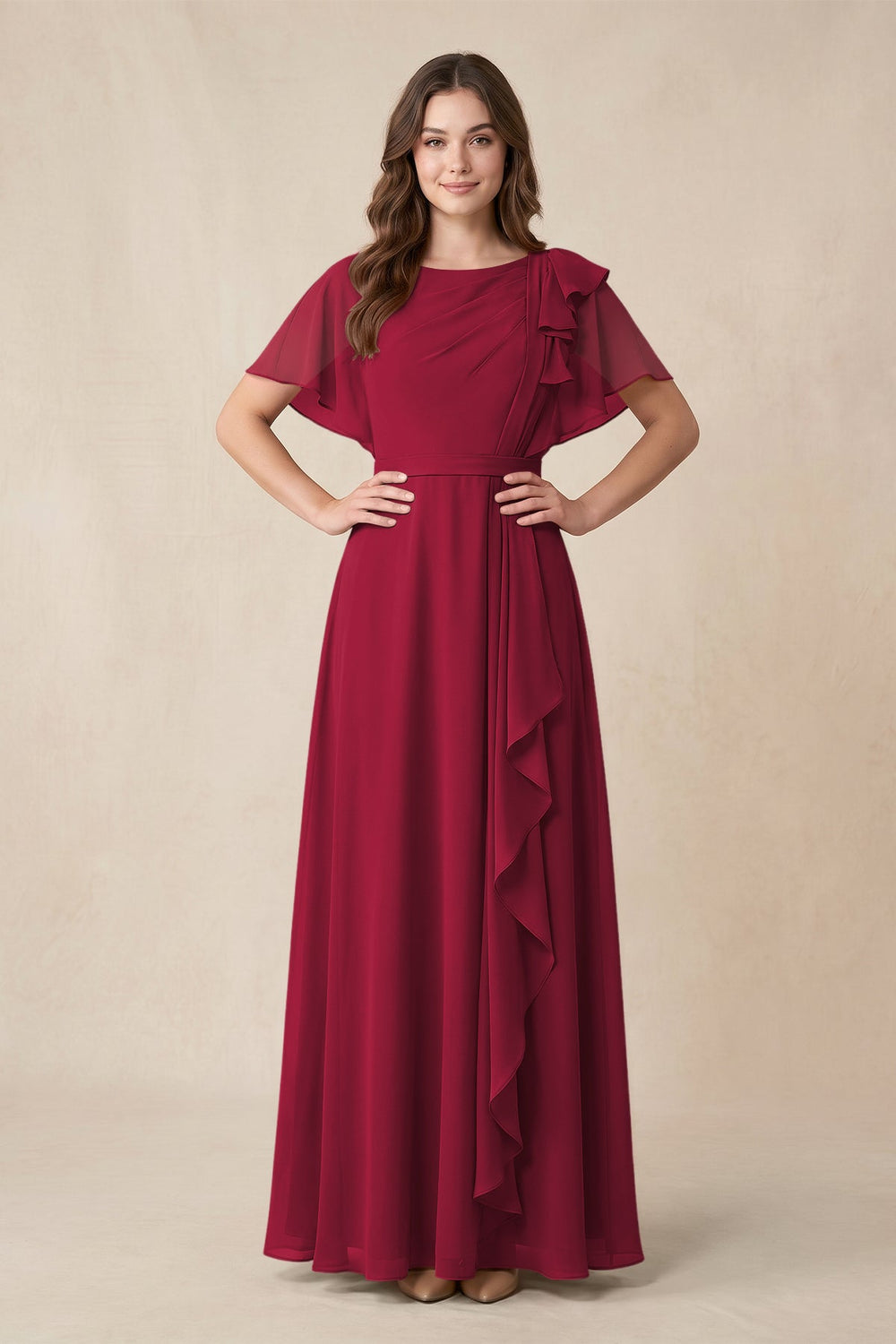 Short Sleeves Bateau A - Line Chiffon Bridesmaid Dress in Berry - KISS BRIDAL Bridesmaid Dresses