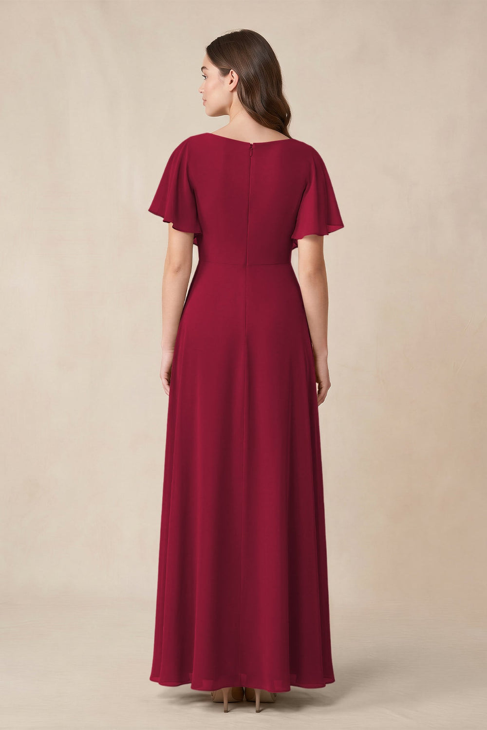 Short Sleeves Bateau A - Line Chiffon Bridesmaid Dress in Berry - KISS BRIDAL Bridesmaid Dresses