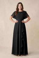 Short Sleeves Bateau A - Line Chiffon Bridesmaid Dress in Black - SHE IS ME Bridesmaid Dresses