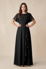 Short Sleeves Bateau A - Line Chiffon Bridesmaid Dress in Black - KISS BRIDAL Bridesmaid Dresses