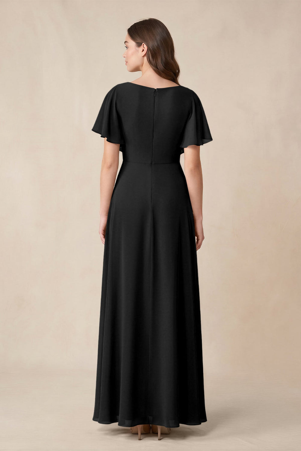 Short Sleeves Bateau A - Line Chiffon Bridesmaid Dress in Black - KISS BRIDAL Bridesmaid Dresses