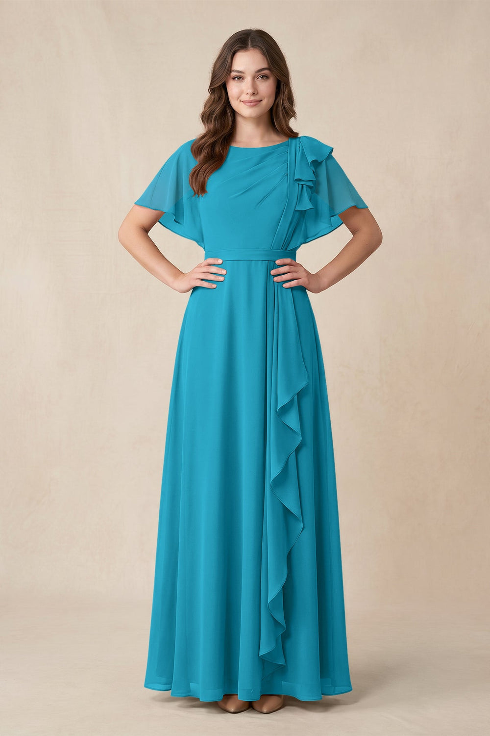Short Sleeves Bateau A - Line Chiffon Bridesmaid Dress in Blue Jay - KISS BRIDAL Bridesmaid Dresses