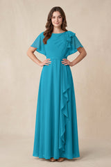 Short Sleeves Bateau A - Line Chiffon Bridesmaid Dress in Blue Jay - KISS BRIDAL Bridesmaid Dresses