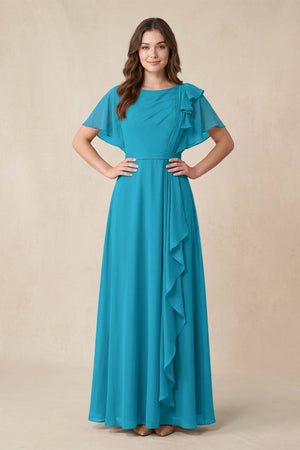 Short Sleeves Bateau A - Line Chiffon Bridesmaid Dress in Blue Jay - SHE IS ME Bridesmaid Dresses