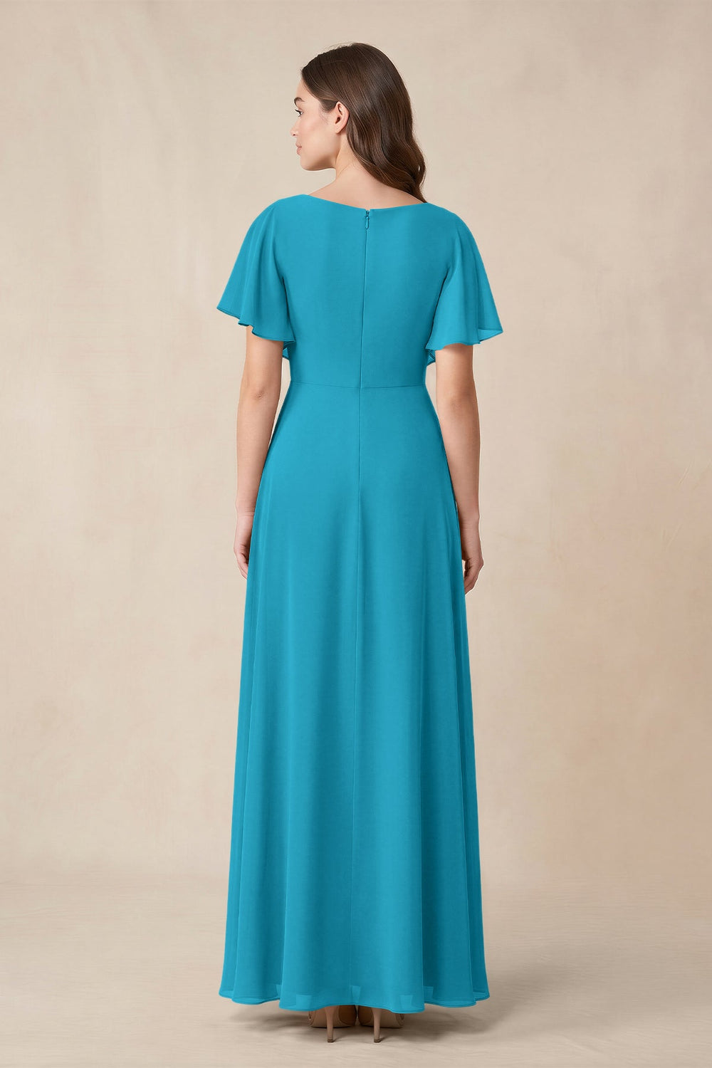 Short Sleeves Bateau A - Line Chiffon Bridesmaid Dress in Blue Jay - KISS BRIDAL Bridesmaid Dresses