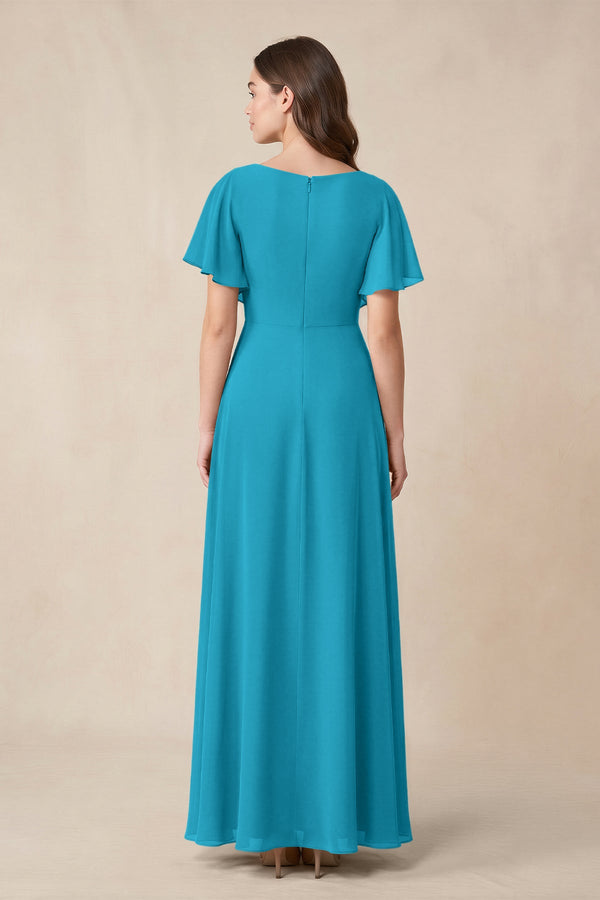 Short Sleeves Bateau A - Line Chiffon Bridesmaid Dress in Blue Jay - SHE IS ME Bridesmaid Dresses