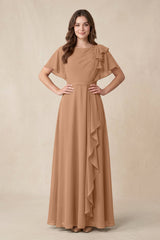 Short Sleeves Bateau A - Line Chiffon Bridesmaid Dress in Bronzer - KISS BRIDAL Bridesmaid Dresses