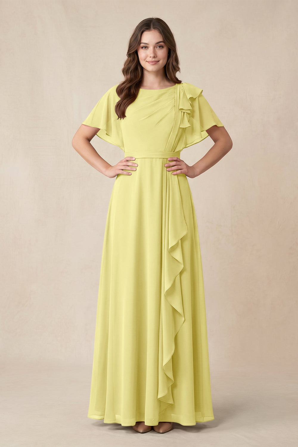 Short Sleeves Bateau A - Line Chiffon Bridesmaid Dress in Buttercup - KISS BRIDAL Bridesmaid Dresses
