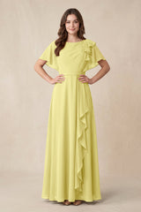 Short Sleeves Bateau A - Line Chiffon Bridesmaid Dress in Buttercup - KISS BRIDAL Bridesmaid Dresses