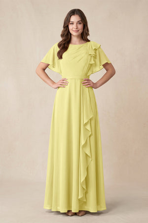 Short Sleeves Bateau A - Line Chiffon Bridesmaid Dress in Buttercup - SHE IS ME Bridesmaid Dresses