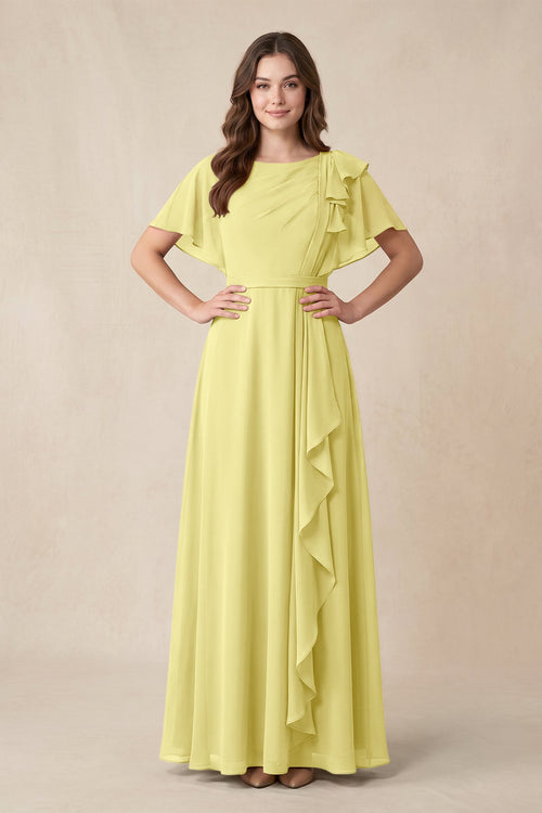 Short Sleeves Bateau A - Line Chiffon Bridesmaid Dress in Buttercup - SHE IS ME Bridesmaid Dresses