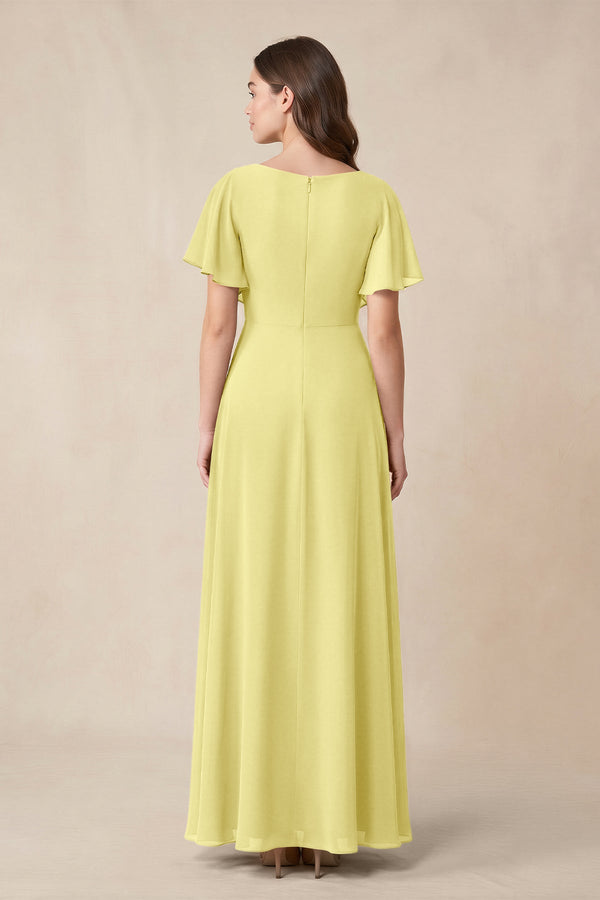 Short Sleeves Bateau A - Line Chiffon Bridesmaid Dress in Buttercup - SHE IS ME Bridesmaid Dresses