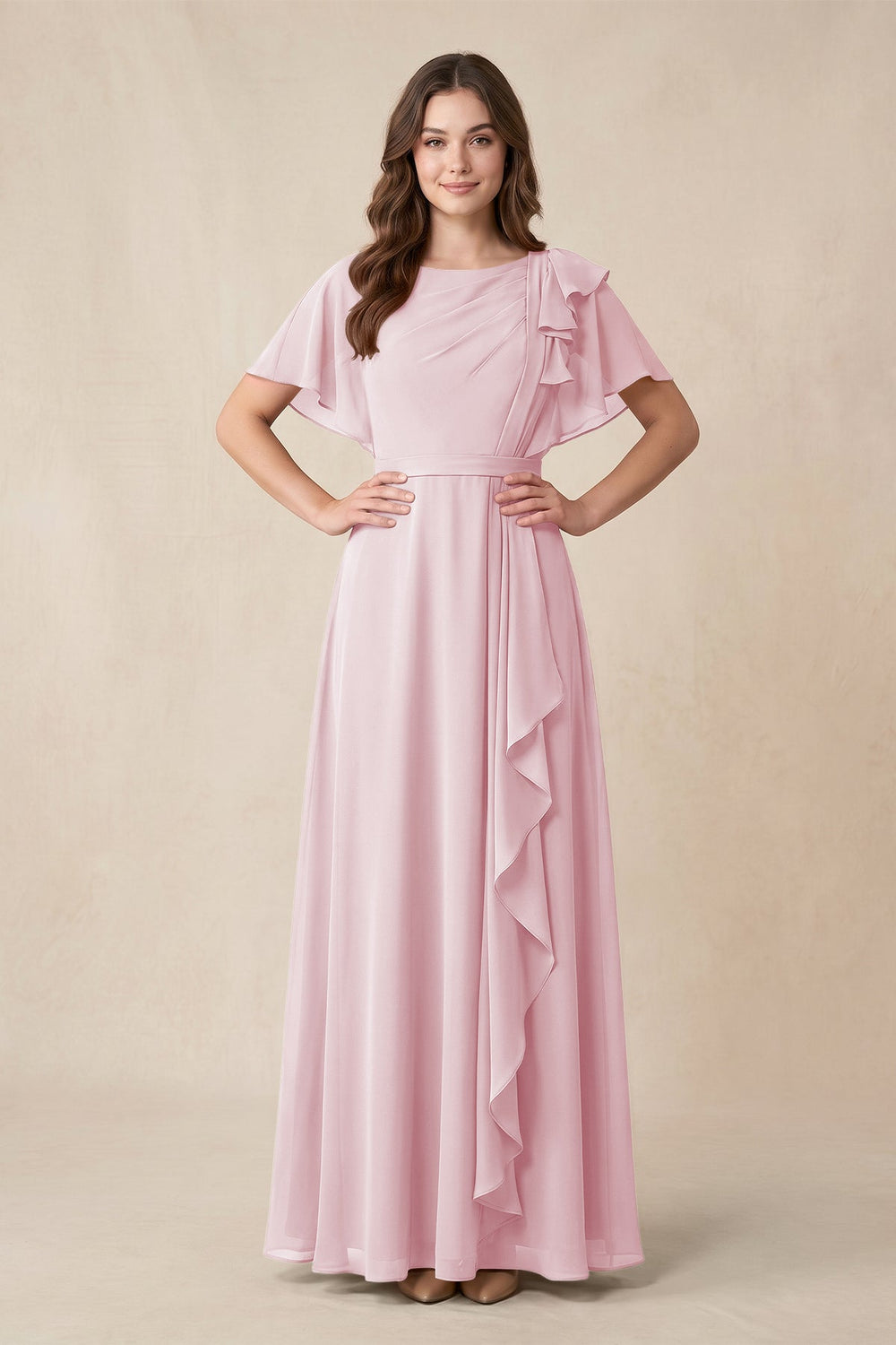 Short Sleeves Bateau A - Line Chiffon Bridesmaid Dress in Candy Pink - KISS BRIDAL Bridesmaid Dresses