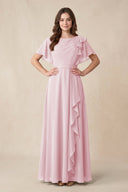 Short Sleeves Bateau A - Line Chiffon Bridesmaid Dress in Candy Pink - SHE IS ME Bridesmaid Dresses