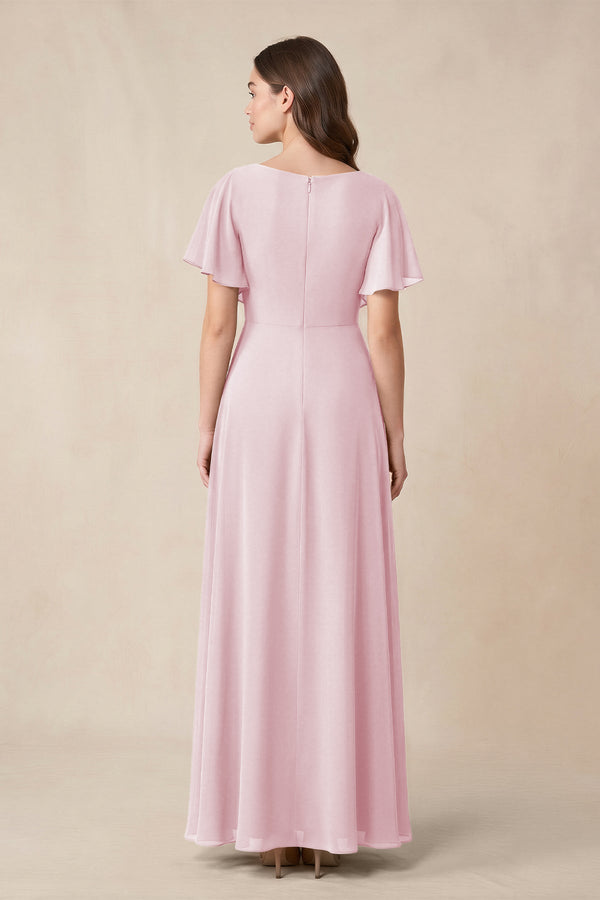 Short Sleeves Bateau A - Line Chiffon Bridesmaid Dress in Candy Pink - SHE IS ME Bridesmaid Dresses