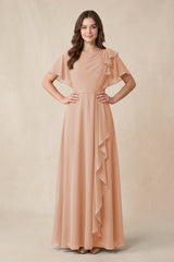 Short Sleeves Bateau A - Line Chiffon Bridesmaid Dress in Champagne Rose - KISS BRIDAL Bridesmaid 
