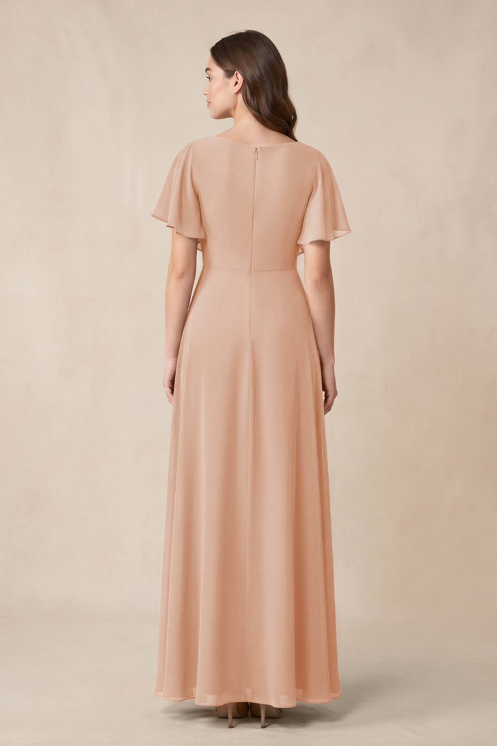 Short Sleeves Bateau A - Line Chiffon Bridesmaid Dress in Champagne Rose - KISS BRIDAL Bridesmaid 