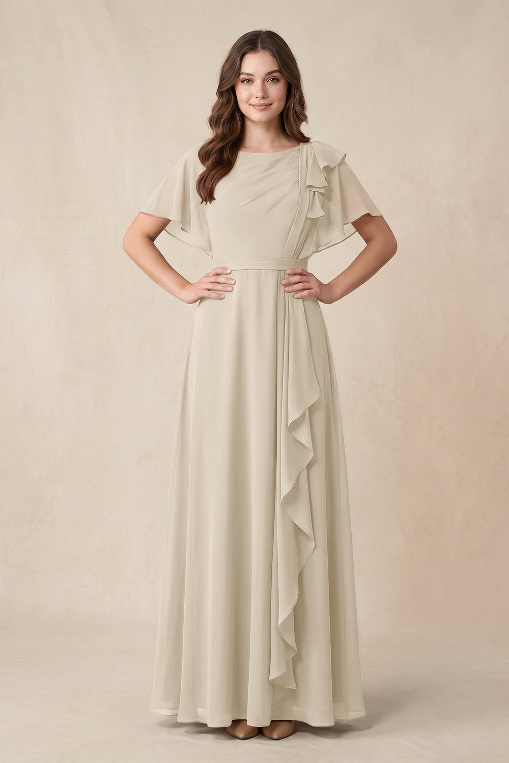 Short Sleeves Bateau A - Line Chiffon Bridesmaid Dress in Champagne - KISS BRIDAL Bridesmaid Dresses