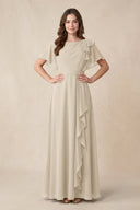 Short Sleeves Bateau A - Line Chiffon Bridesmaid Dress in Champagne - SHE IS ME Bridesmaid Dresses