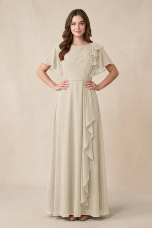 Short Sleeves Bateau A - Line Chiffon Bridesmaid Dress in Champagne - SHE IS ME Bridesmaid Dresses