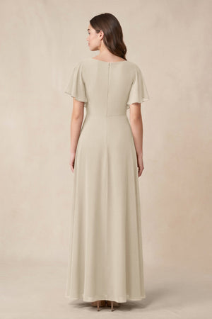 Short Sleeves Bateau A - Line Chiffon Bridesmaid Dress in Champagne - SHE IS ME Bridesmaid Dresses